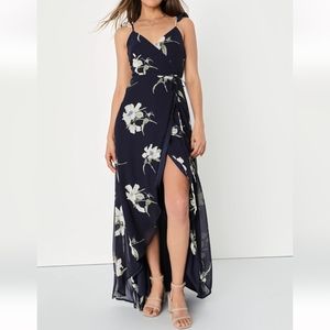 Lulu's Navy Blue Floral Print High-Low Wrap Dress